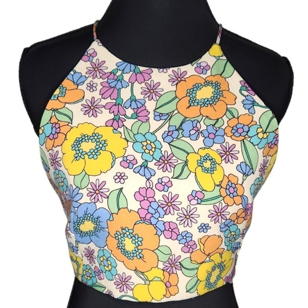 ZARA Backless Cropped Top Womens Small Colorful Floral Retro Boho Summer Beach